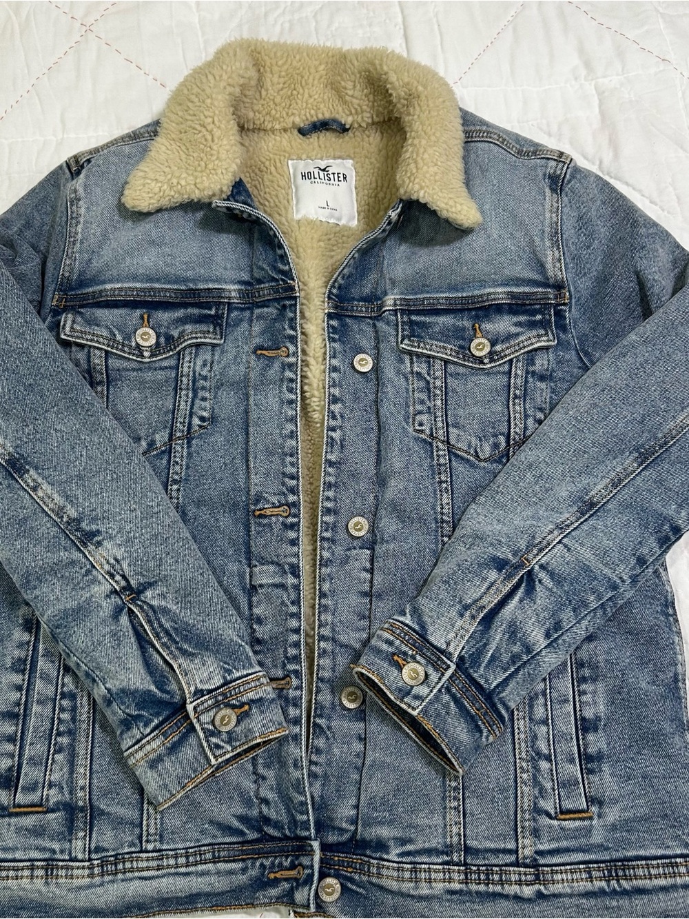 Hollister Light Blue Denim Sherpa Jacket with Cream Lining